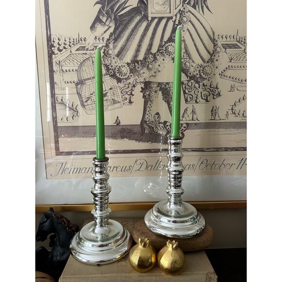 2 Mercury Glass Candle Holders silver elegant Williamsburg 8.5x5.5” - Picture 1 of 11